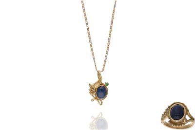 Parure collana, ciondolo e anello con diamanti, zaffiri e pietre - Asta Preziosi