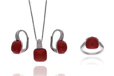 Parure collana con ciondolo, anello e paio di orecchini con diamanti e pietre - Asta Preziosi