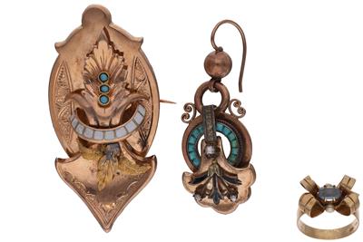 Spilla, orecchino e anello con smalti e pietre - Asta Preziosi