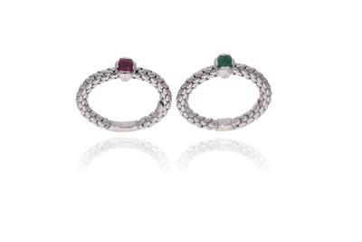 Fope, coppia di anelli con rubino e smeraldo - Asta Preziosi