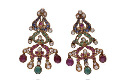 Paio di orecchini con diamanti, rubini, zaffiri e smeraldi - Asta Preziosi