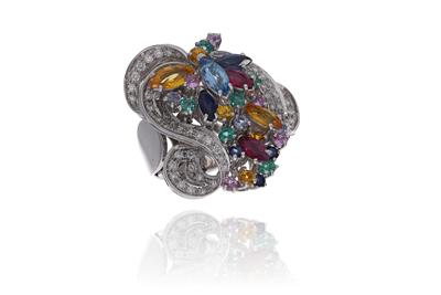 Anello con zaffiri, rubini, smeraldo e pietre - Asta Preziosi
