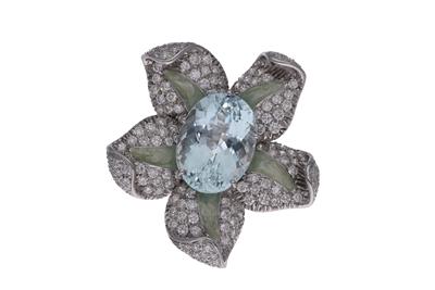 Anello con acquamarina, diamanti e smalto - Asta Preziosi