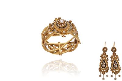 Parure bracciale e orecchini con diamanti e smalti - Asta Preziosi