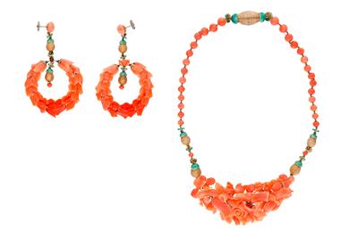 Parure, collana e paio di orecchini con corallo e pietre - Asta Preziosi