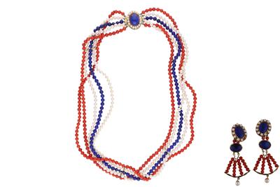 Parure collana e paio di orecchini coralli, perle e pietre - Asta Preziosi
