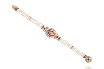 Bracciale con microperle, rubini, diamanti e pietre - Asta Preziosi
