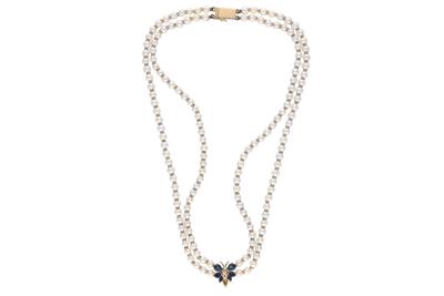 Collana a doppio filo di perle con zaffiri e diamanti - Asta Preziosi