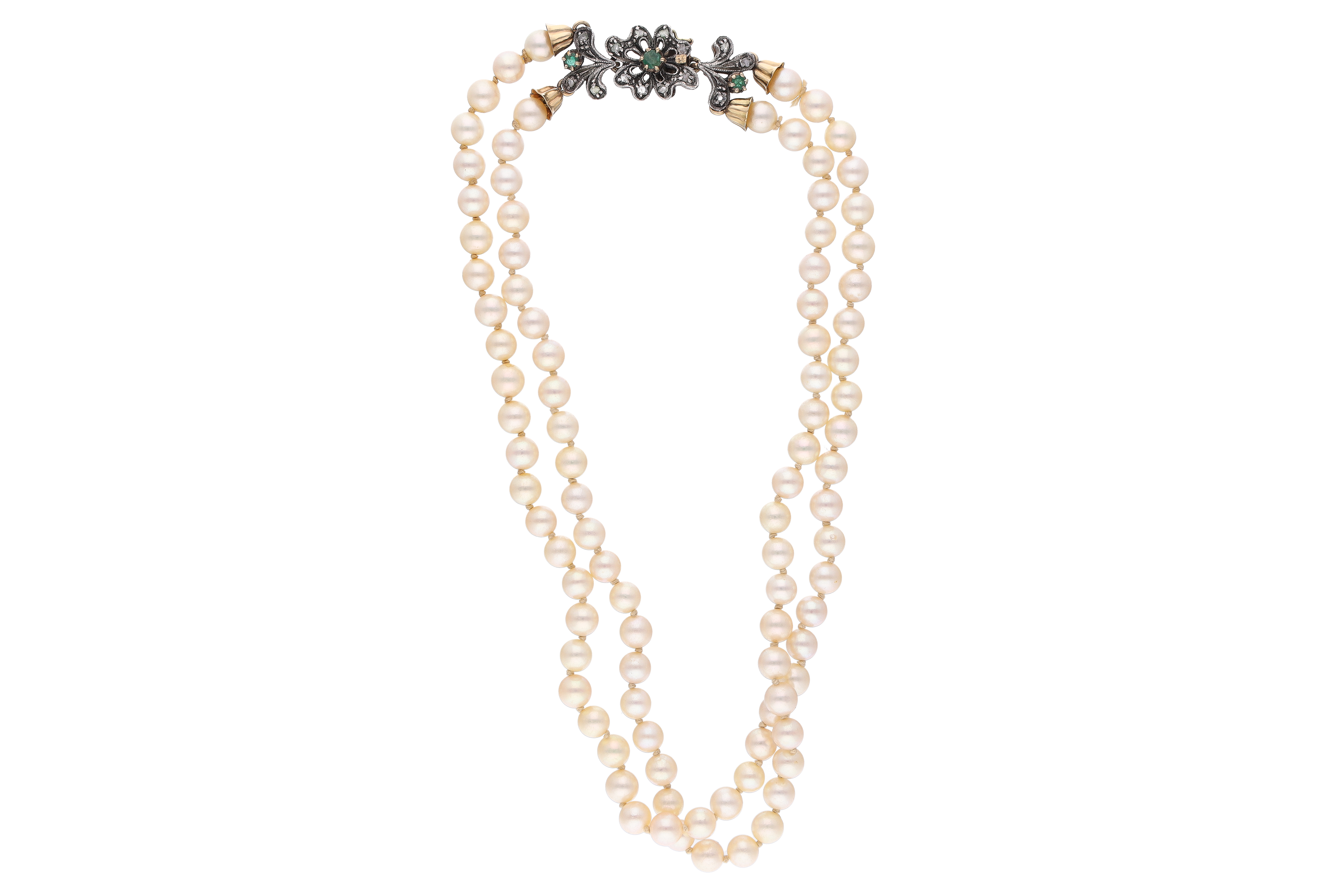Collana di perle con diamanti e smeraldi - Asta Preziosi