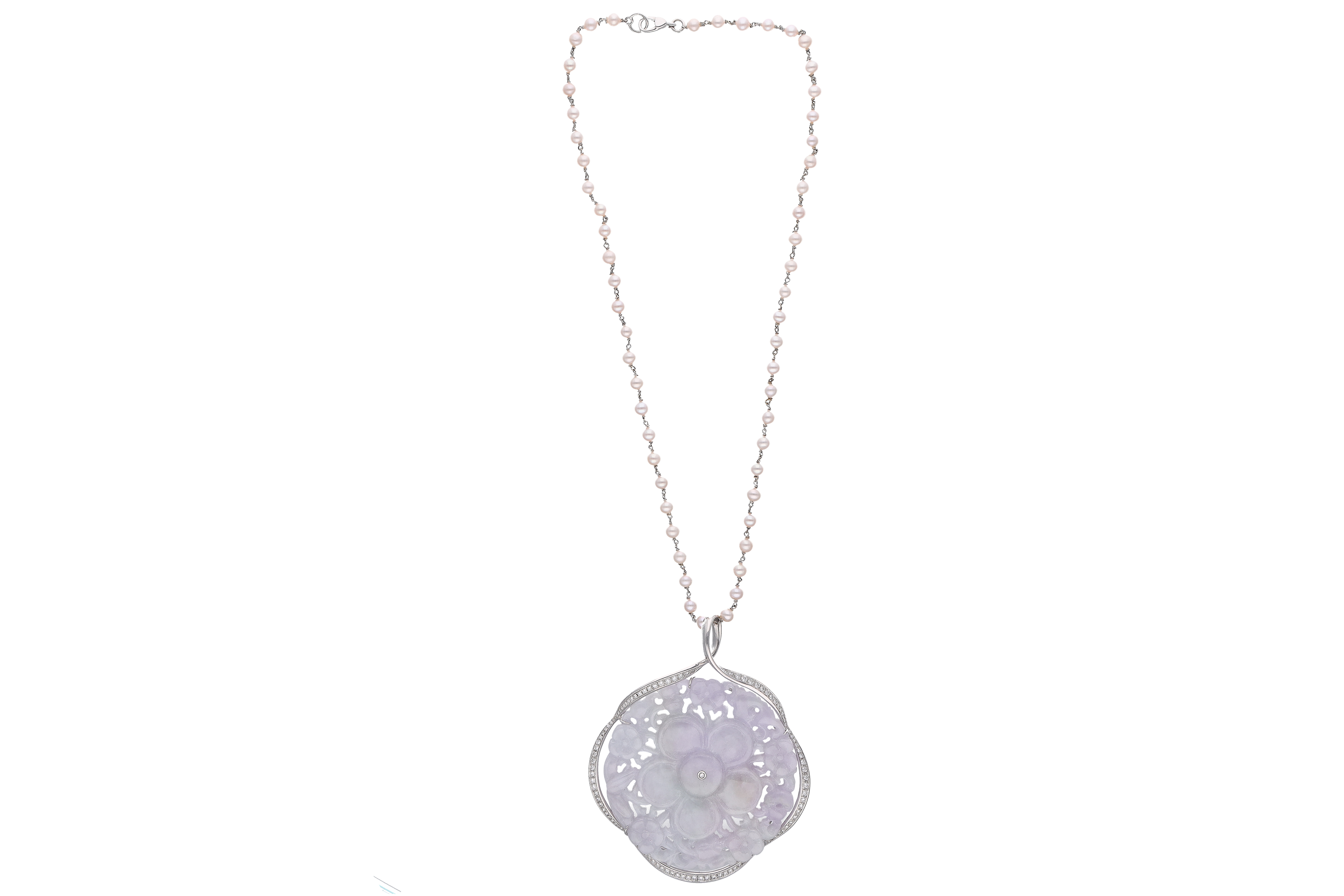 Collana con perle e ciondolo con diamanti e giadeite trattata - Asta Preziosi
