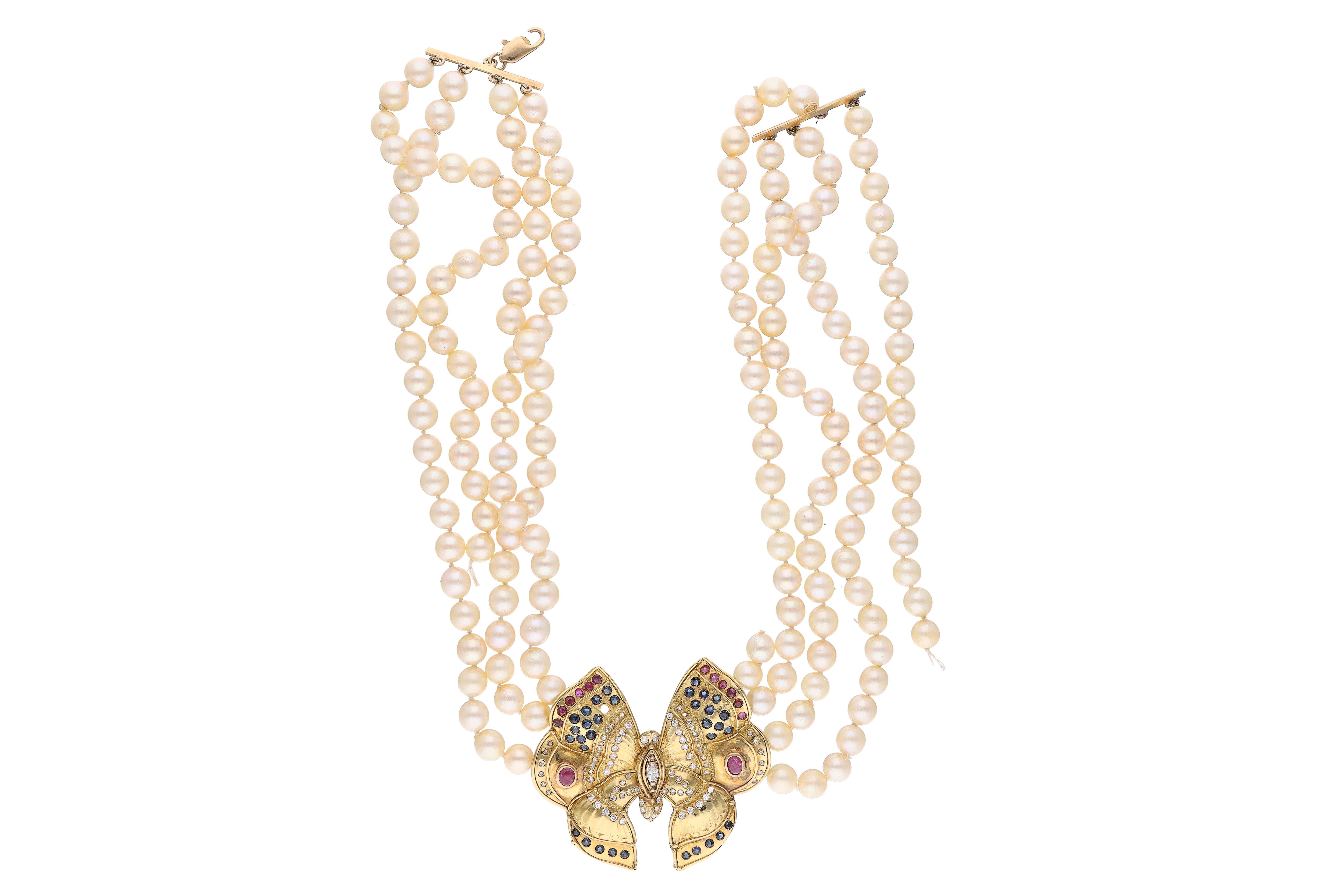 Collana di perle con diamanti, rubini e zaffiri - Asta preziosi