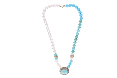 Collana con turchesi trattate, pietre e perle coltivate, diamanti - Asta Preziosi Collana con turchesi trattate, pietre e perle coltivate, diamanti - Asta Preziosi