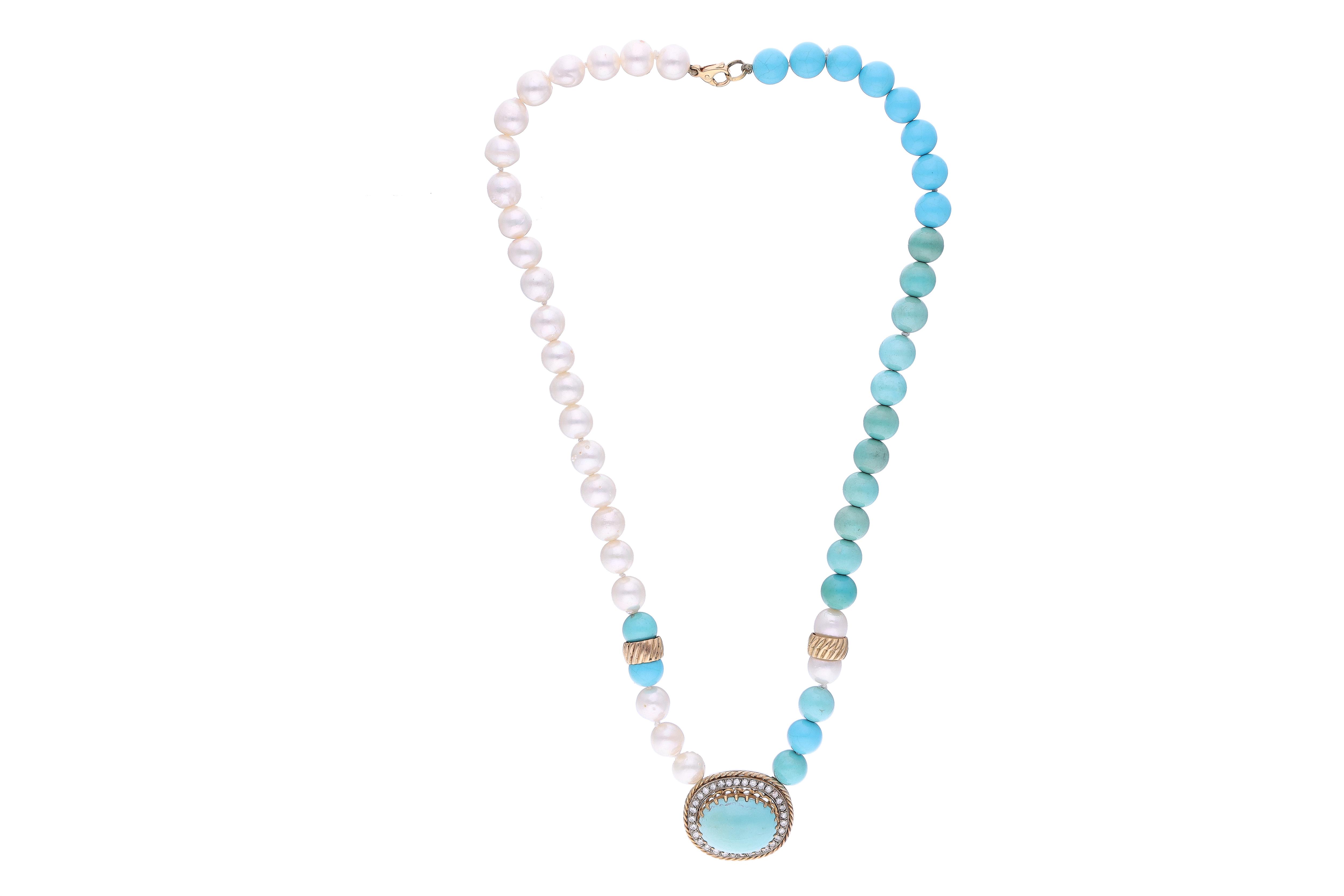 Collana con turchesi trattate, pietre e perle coltivate, diamanti - Asta Preziosi