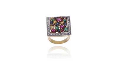 Anello con diamanti, zaffiri, zaffiri gialli, smeraldi e rubini - Asta Preziosi Anello con diamanti, zaffiri, zaffiri gialli, smeraldi e rubini - Asta Preziosi