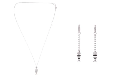Collana con ciondolo e paio di orecchini con diamanti, diamanti neri e pietre - Asta Preziosi Collana con ciondolo e paio di orecchini con diamanti, diamanti neri e pietre - Asta Preziosi
