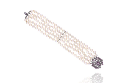 Bracciale con perle coltivate, diamante e rubini - Asta Preziosi Bracciale con perle coltivate, diamante e rubini - Asta Preziosi
