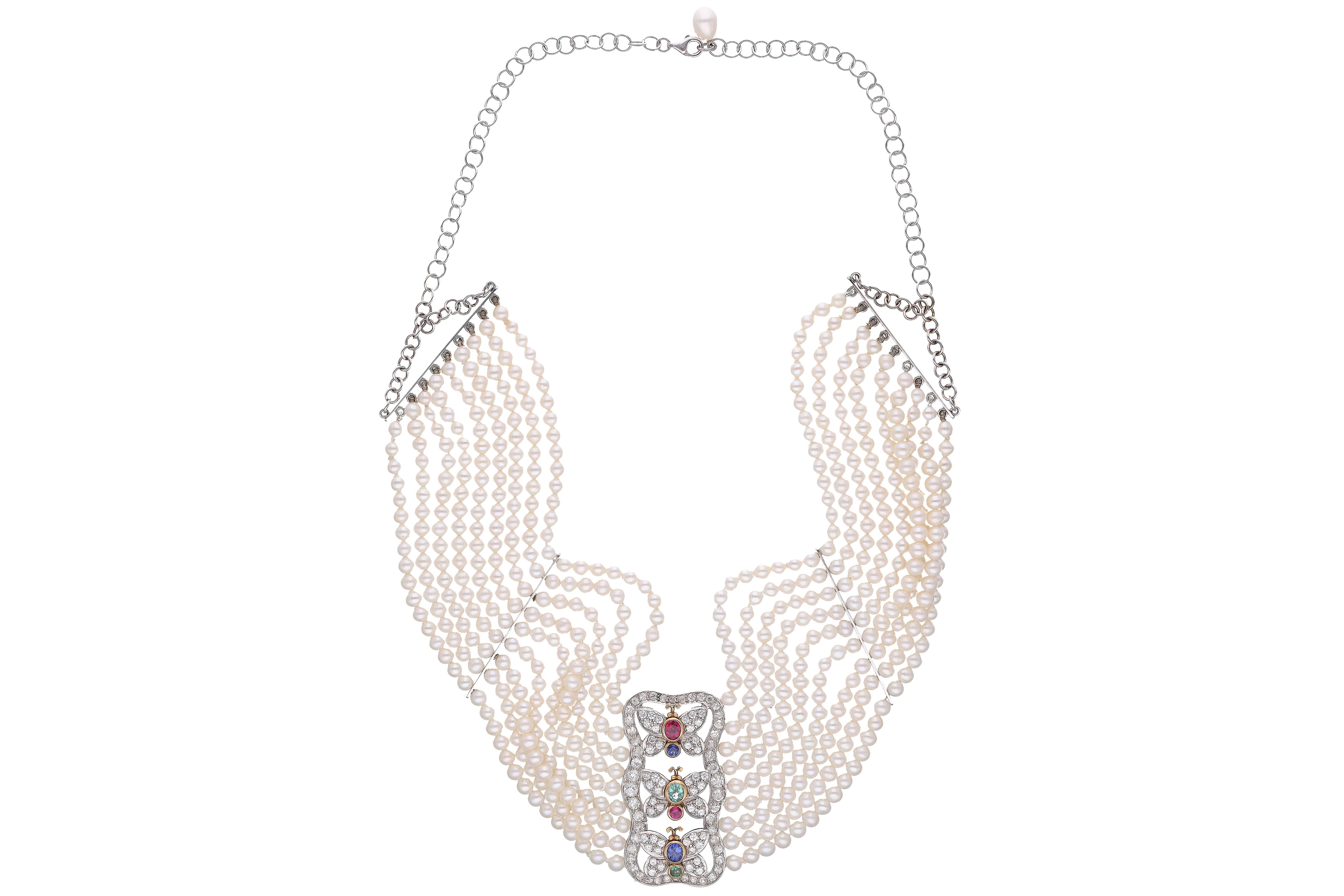 Collana di perle coltivate, diamanti, rubini, smeraldi e zaffiri - Asta Preziosi