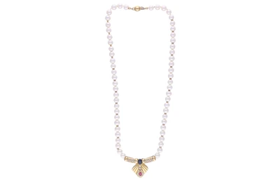 Collana di perle coltivate con rubino, zaffiro e diamanti - Asta Preziosi