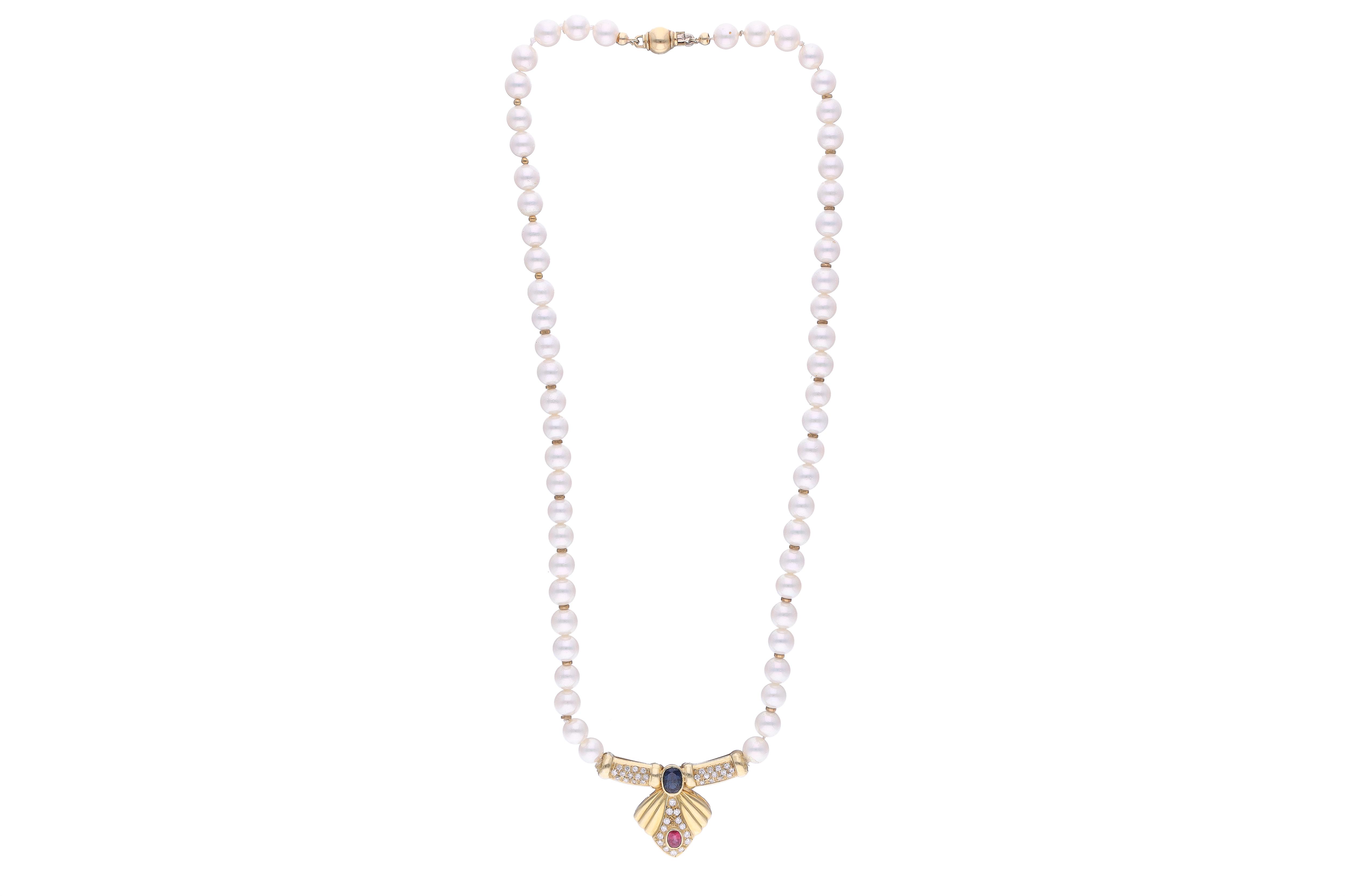 Collana di perle coltivate con rubino, zaffiro e diamanti - Asta Preziosi