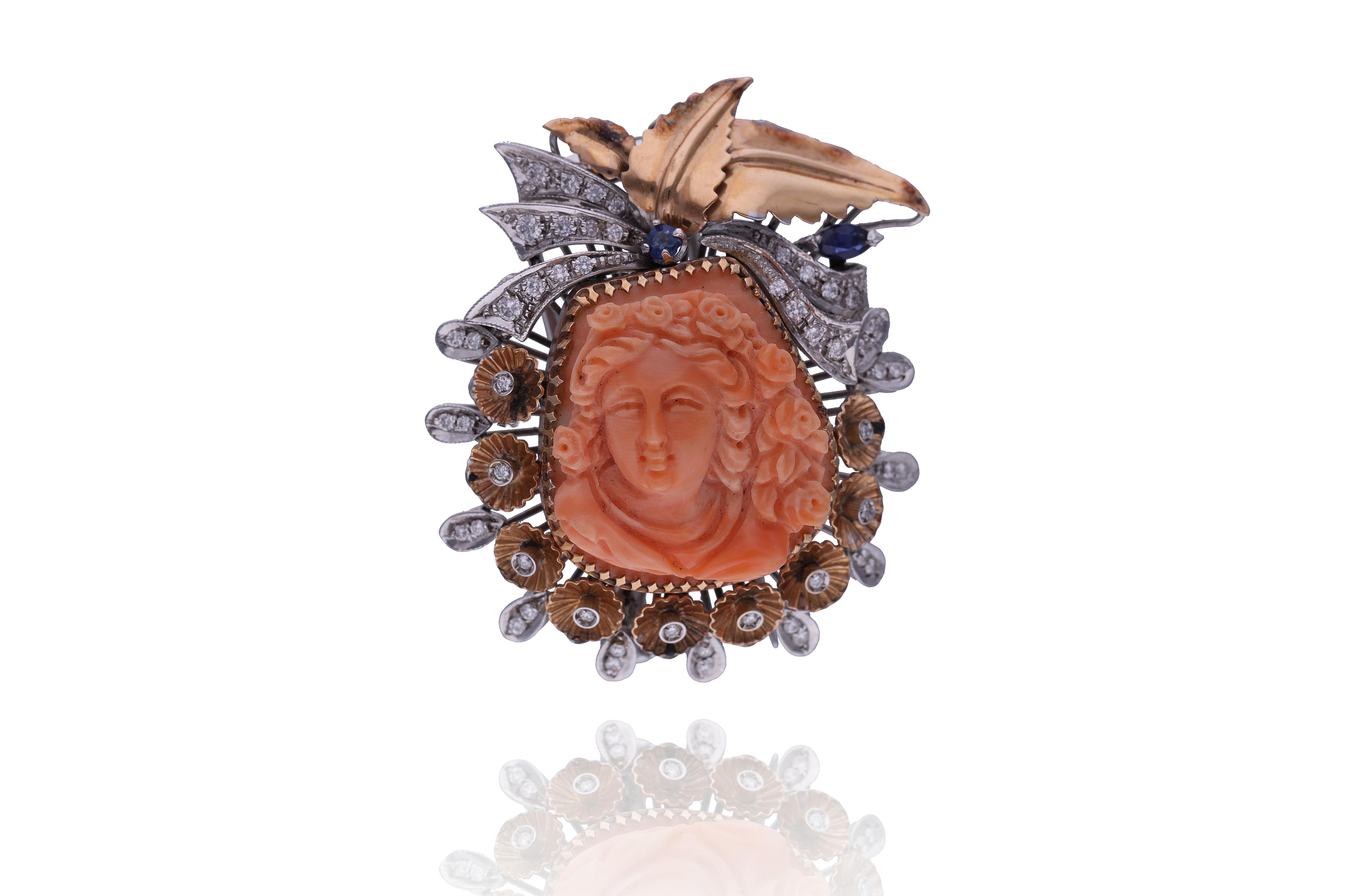Spilla con corallo, zaffiri e diamanti - Asta Preziosi Online