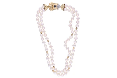 Collana con perle coltivate, diamanti e zaffiro - Asta Preziosi Online