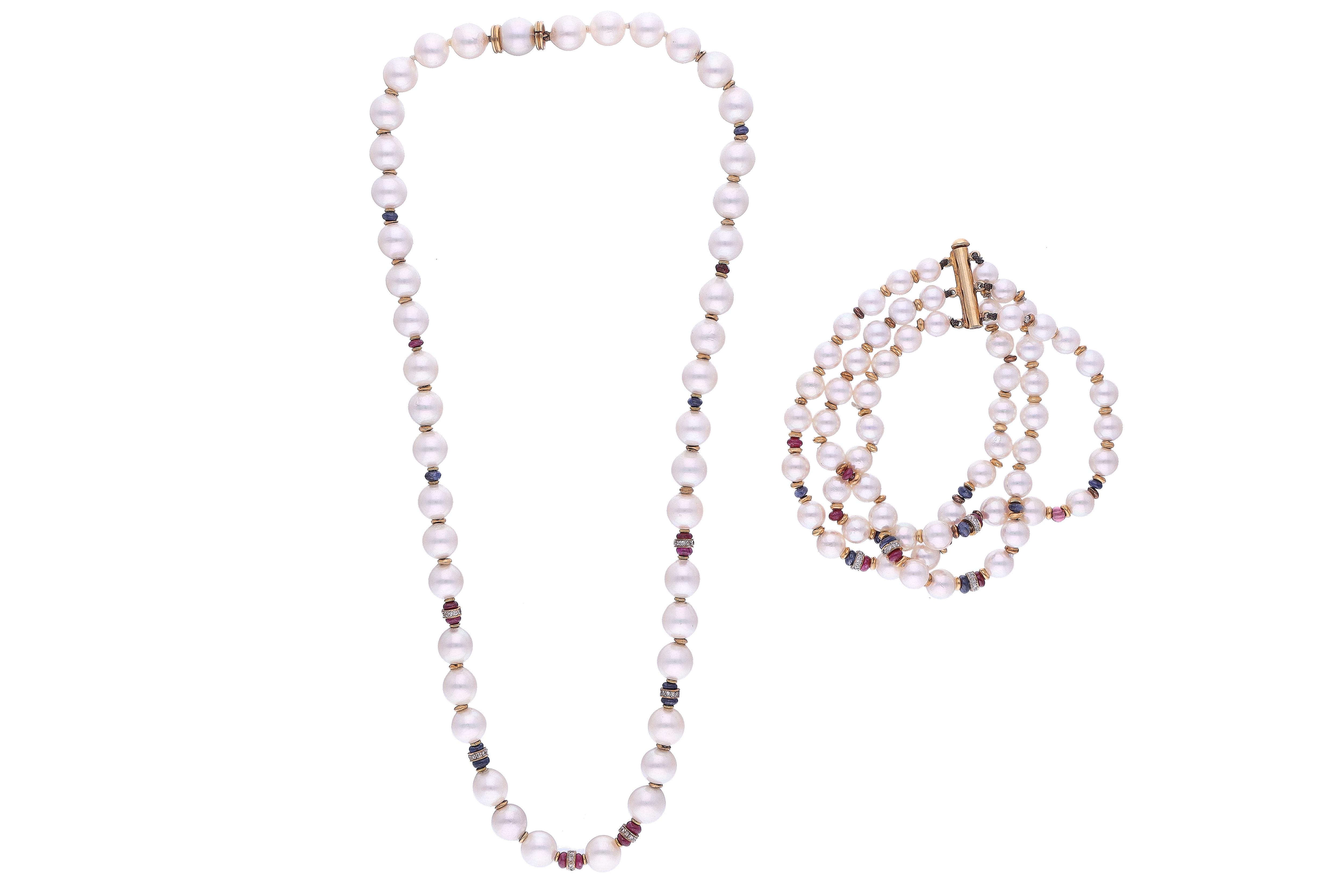 Parure di perle coltivate con diamanti, rubini e zaffiri - Asta Preziosi Online