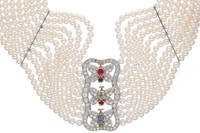 Collana di perle coltivate con diamanti, rubini, smeraldi e zaffiri - Asta Preziosi Online