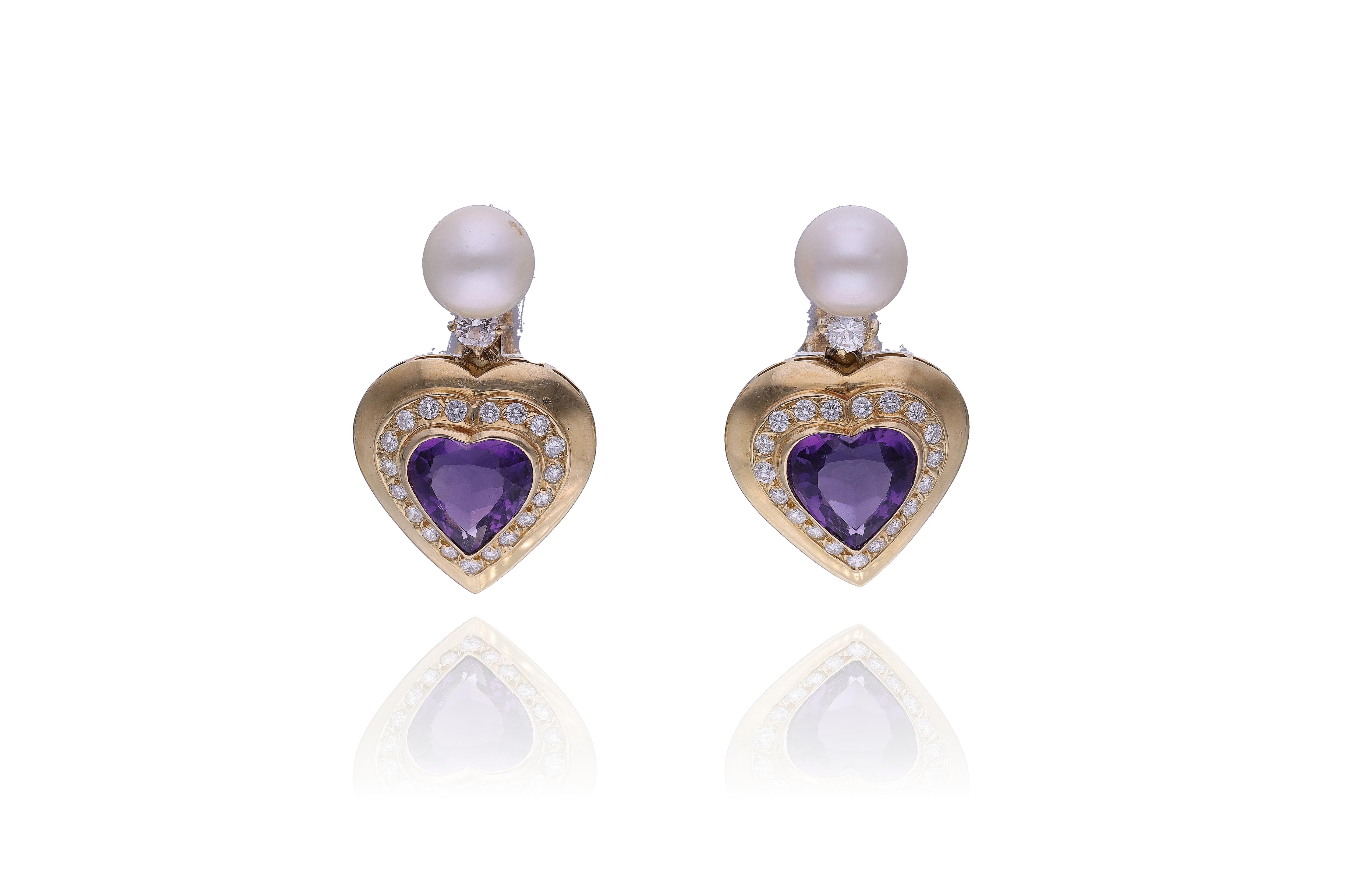 Orecchini con diamanti, ametiste e perle coltivate - Asta Preziosi Online