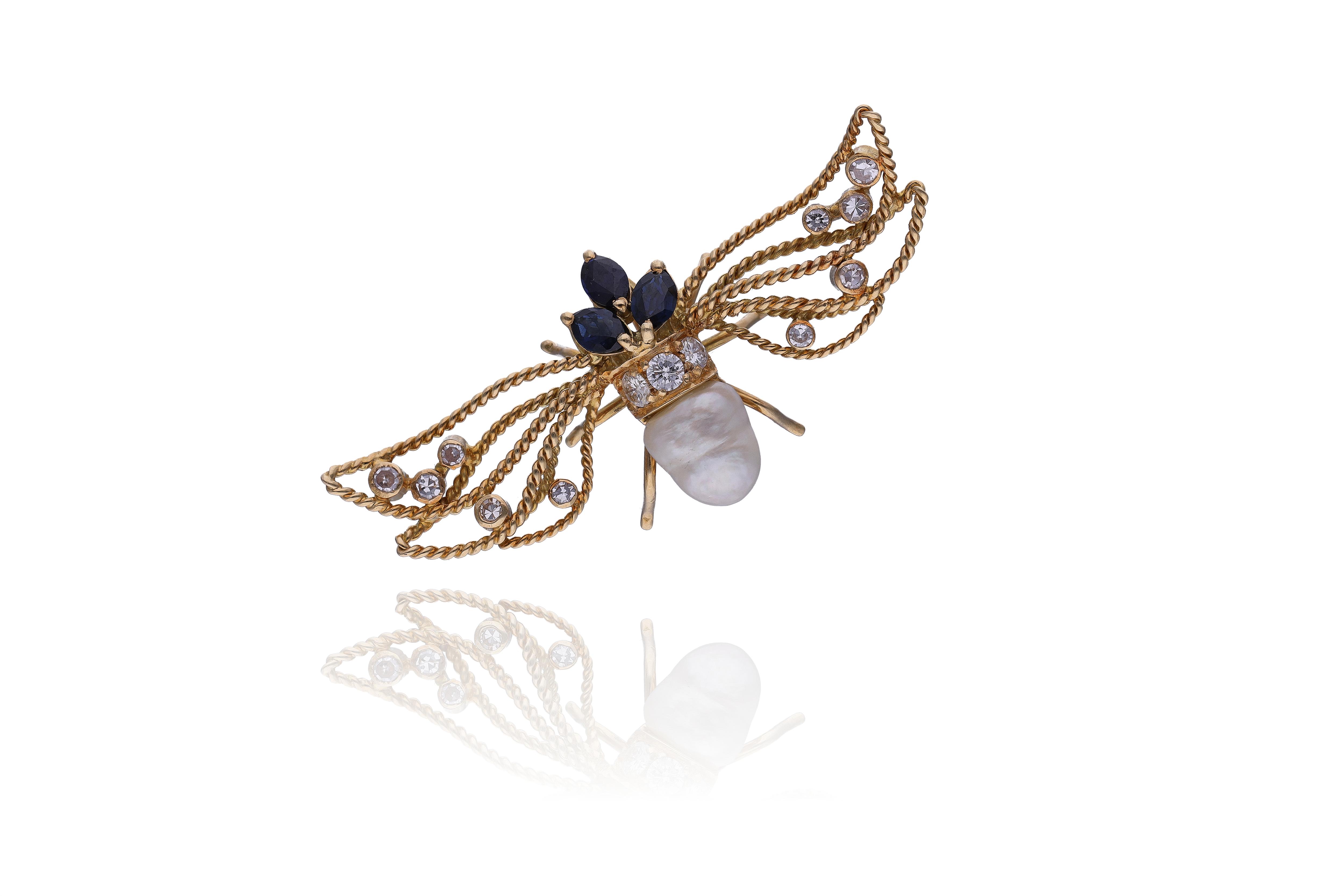 Spilla con diamanti, zaffiri, perla coltivata - Asta Preziosi Online
