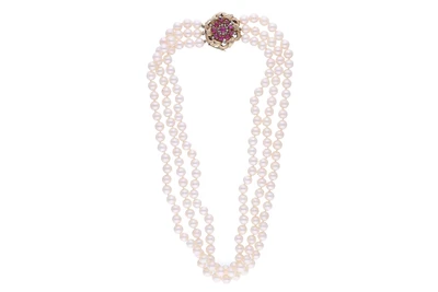 Collana di perle coltivate con diamanti e rubini - Asta Preziosi Online