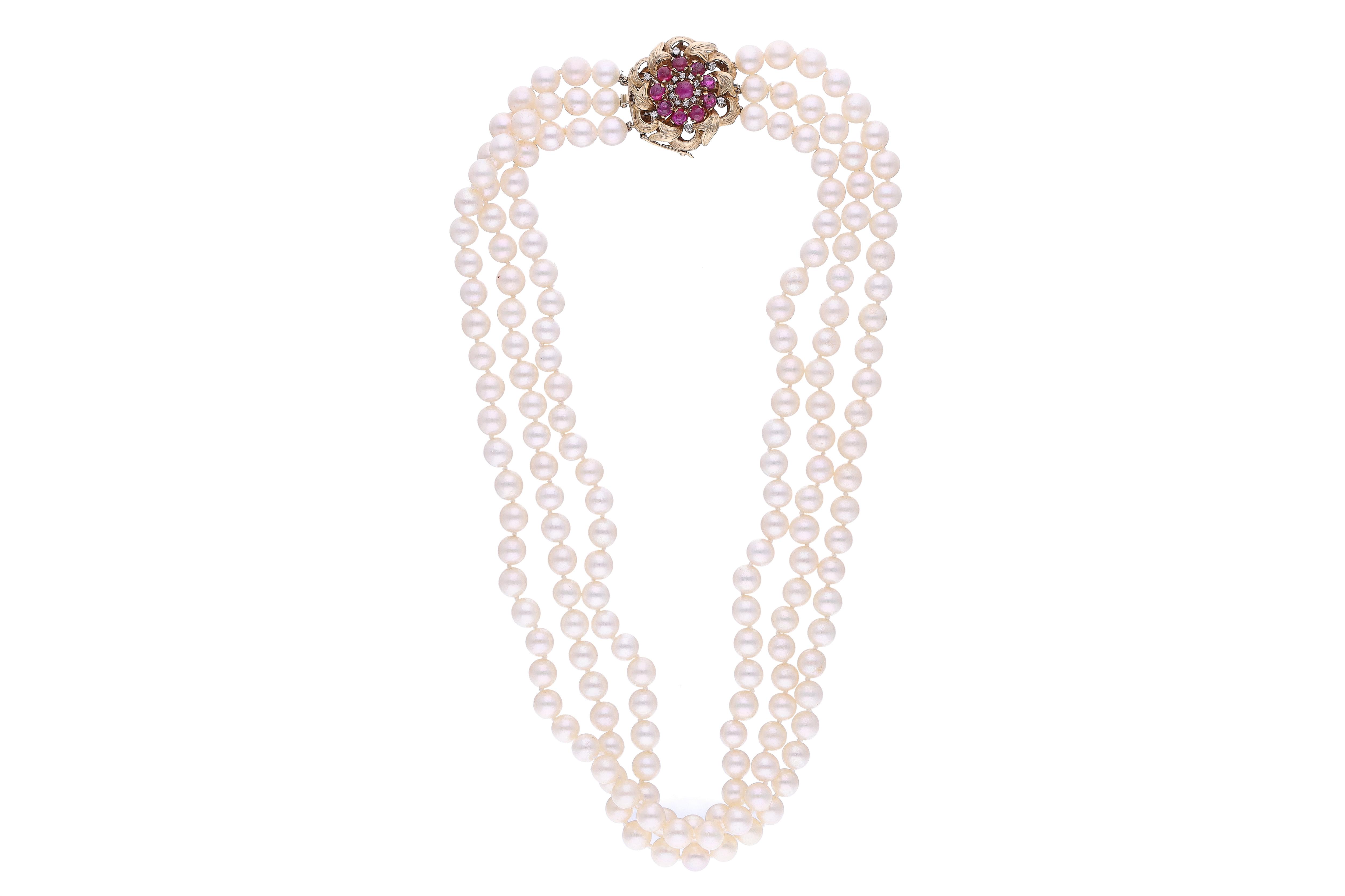 Collana di perle coltivate con diamanti e rubini - Asta Preziosi Online