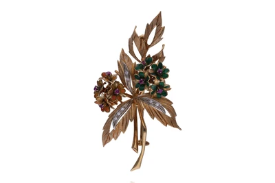 Spilla con diamanti, smalti e pietre - Asta Preziosi