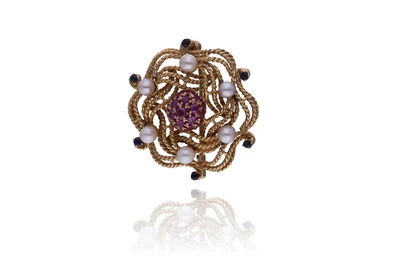 Spilla con rubini, zaffiri e perle coltivate - Asta Preziosi