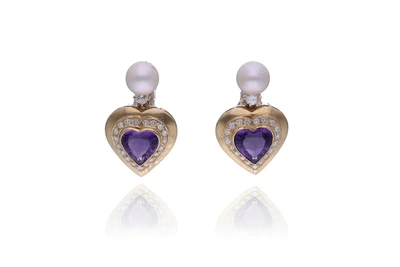 Orecchini con diamanti, ametiste e perle coltivate - Asta Preziosi