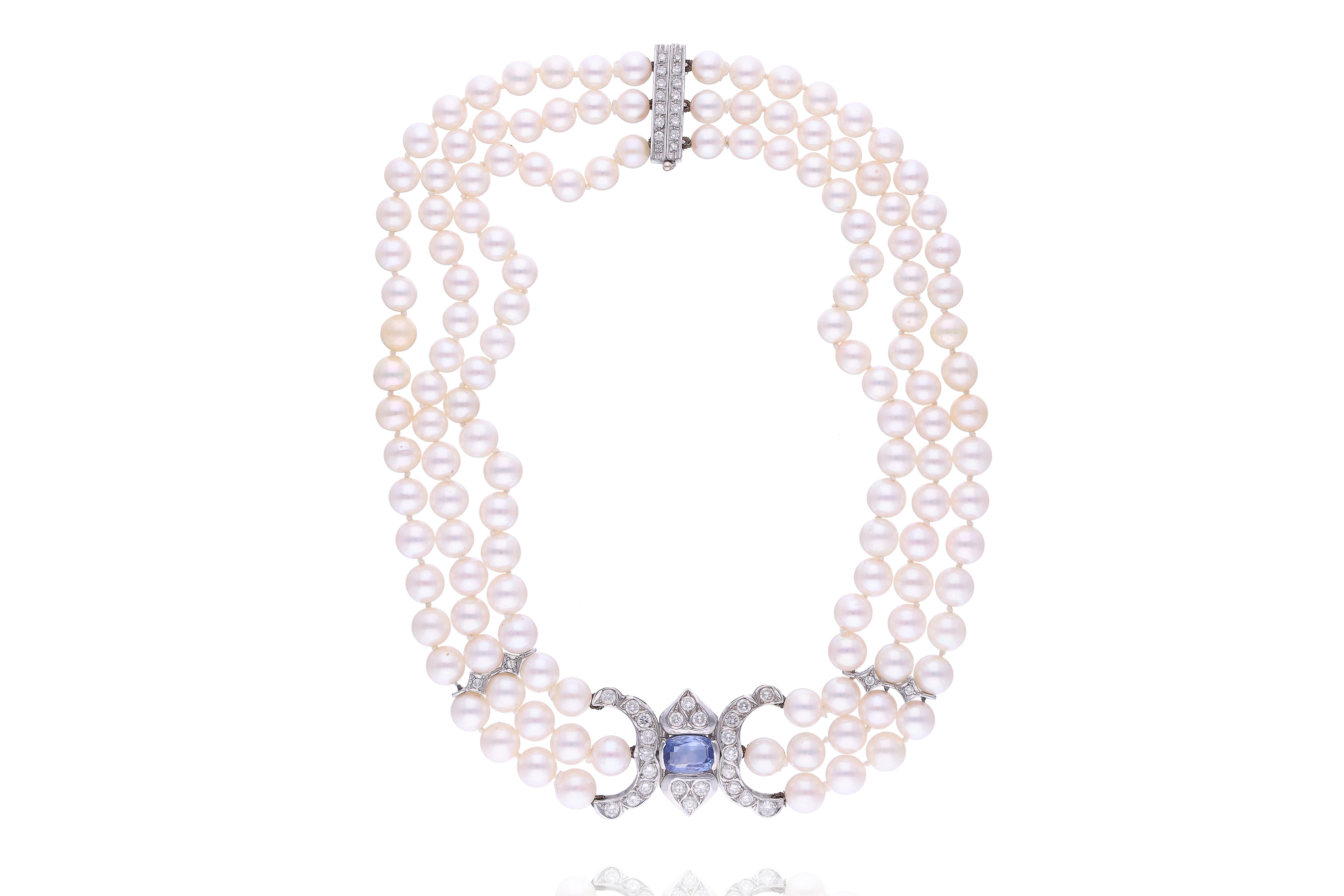 Collana di perle coltivate con diamanti e zaffiro - Asta Preziosi