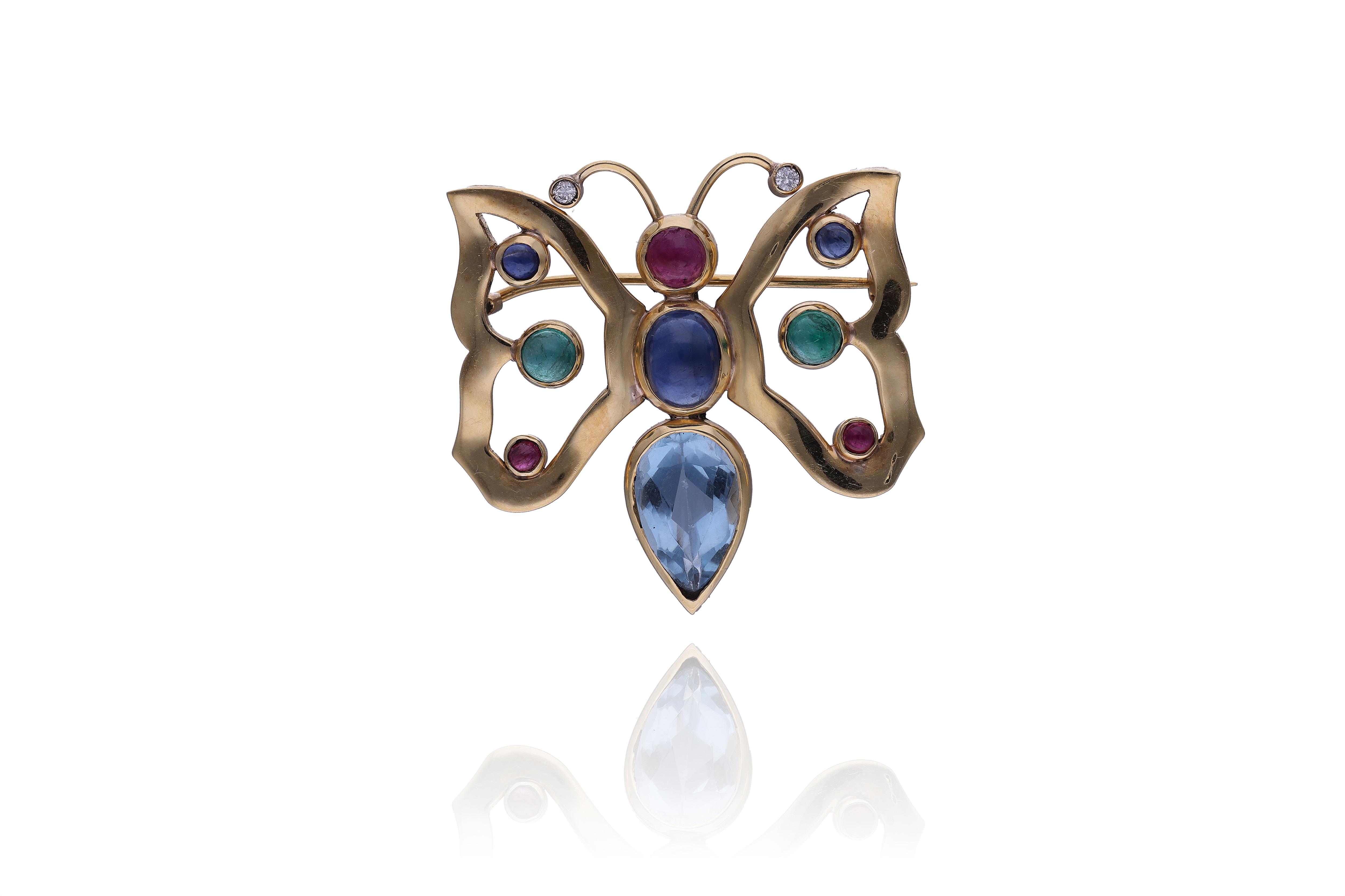 Spilla con zaffiri, rubini, smeraldi, diamanti e topazio - Asta Preziosi