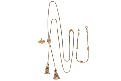 Collana saliscendi, catena per orologio e ciondolo con smalti - Asta Preziosi Collana saliscendi, catena per orologio e ciondolo con smalti - Asta Preziosi