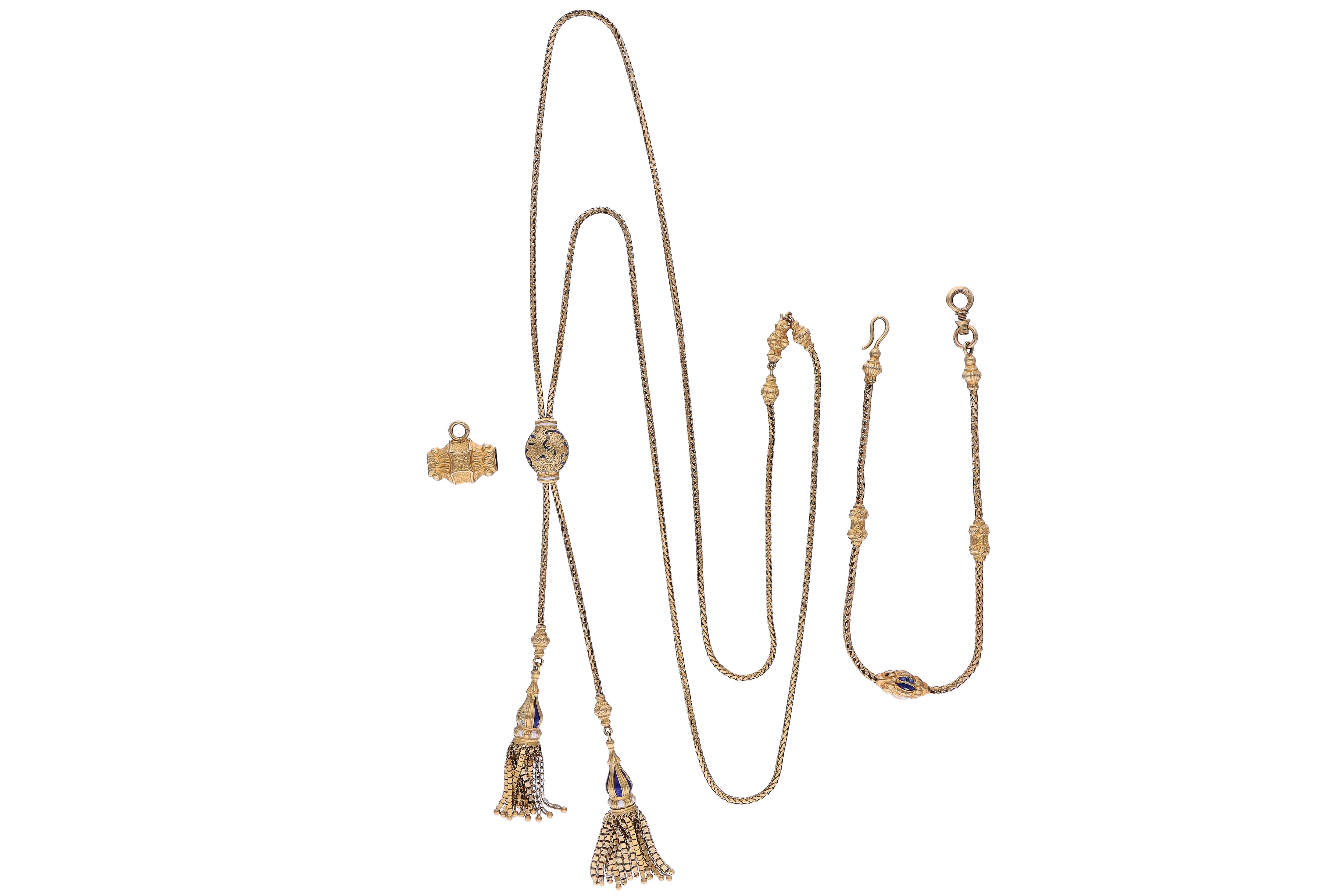 Collana saliscendi, catena per orologio e ciondolo con smalti - Asta Preziosi Collana saliscendi, catena per orologio e ciondolo con smalti - Asta Preziosi