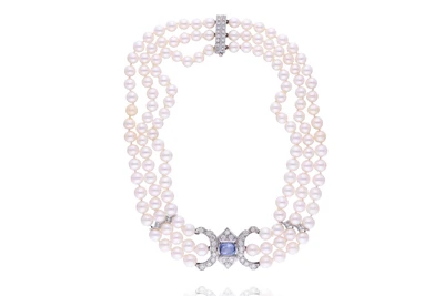 Collana di perle coltivate con diamanti e zaffiro - Asta Preziosi