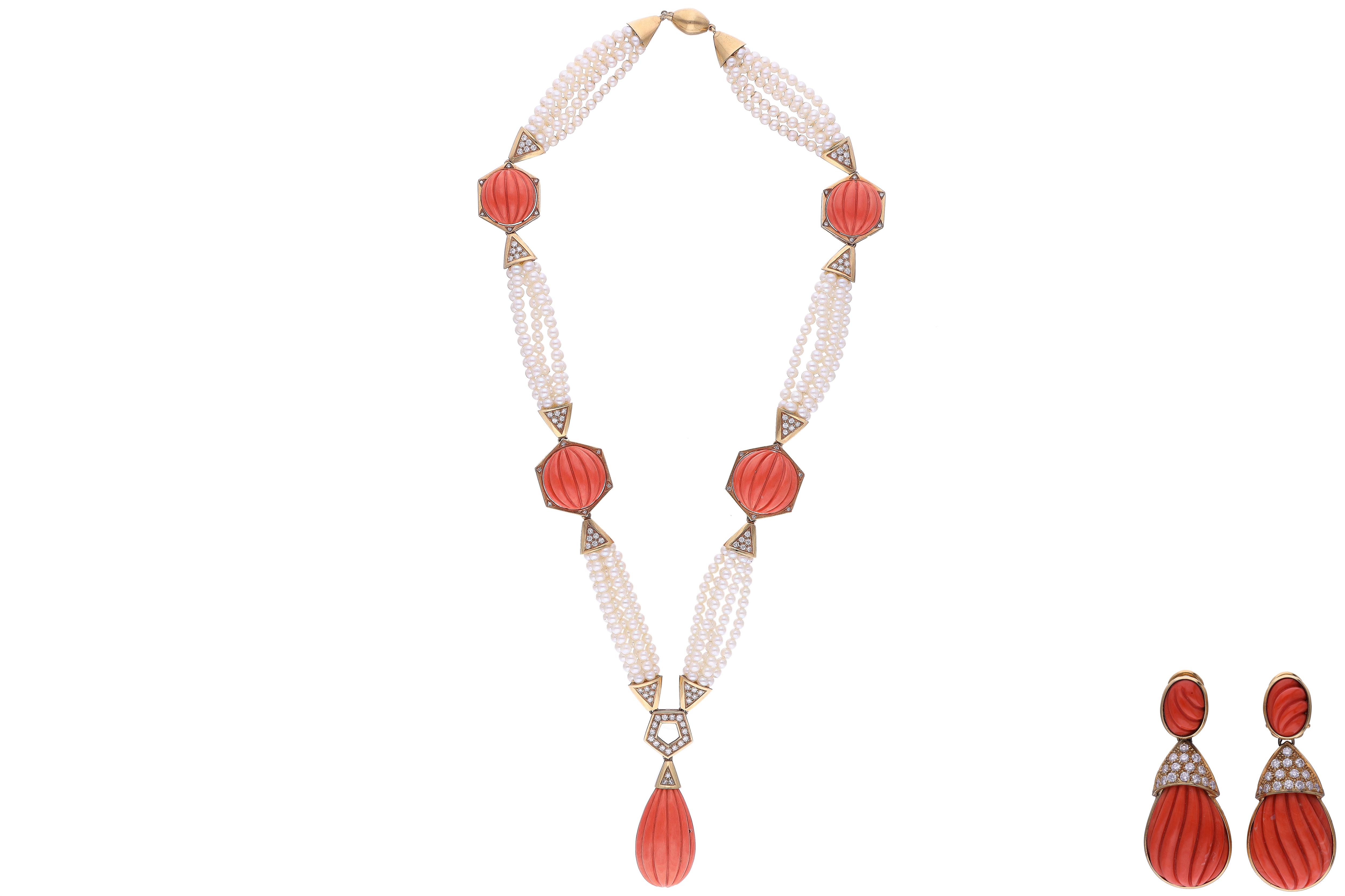 Parure con diamanti, coralli e perle coltivate - Asta Preziosi