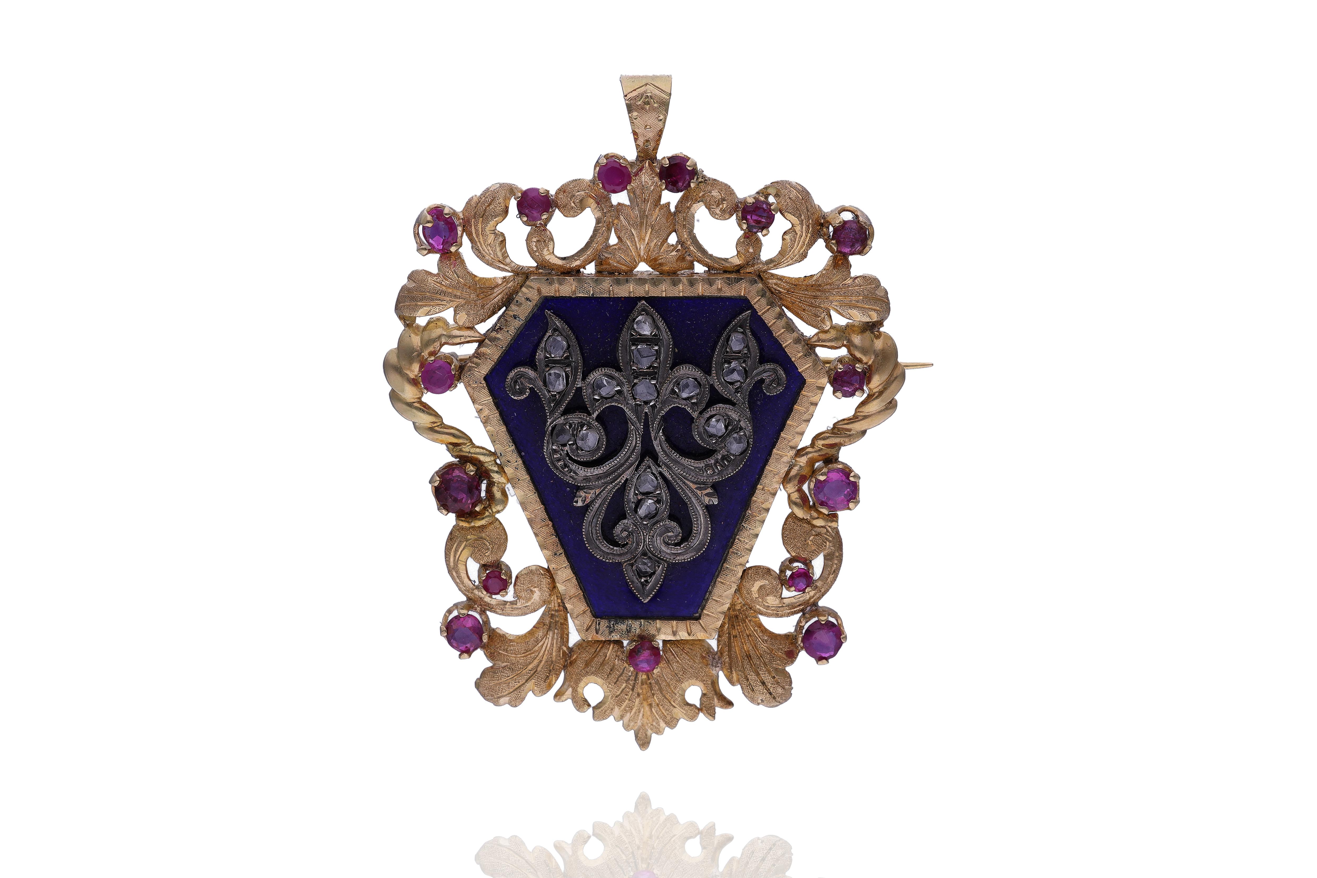 Spilla/ciondolo con diamanti rubini e smalto - Asta Preziosi