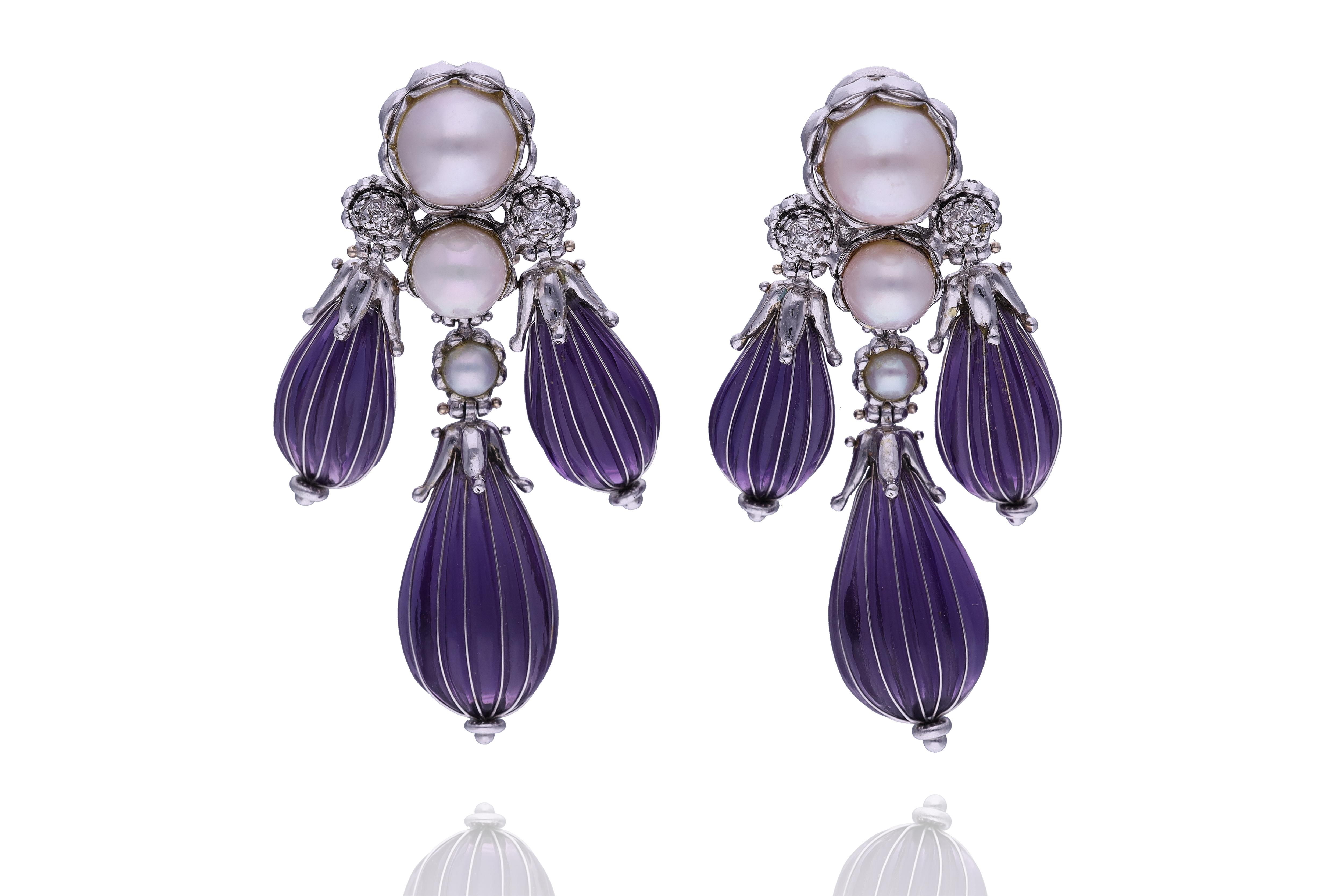Orecchini con perle coltivate, ametiste e diamanti - Asta Preziosi Orecchini con perle coltivate, ametiste e diamanti - Asta Preziosi