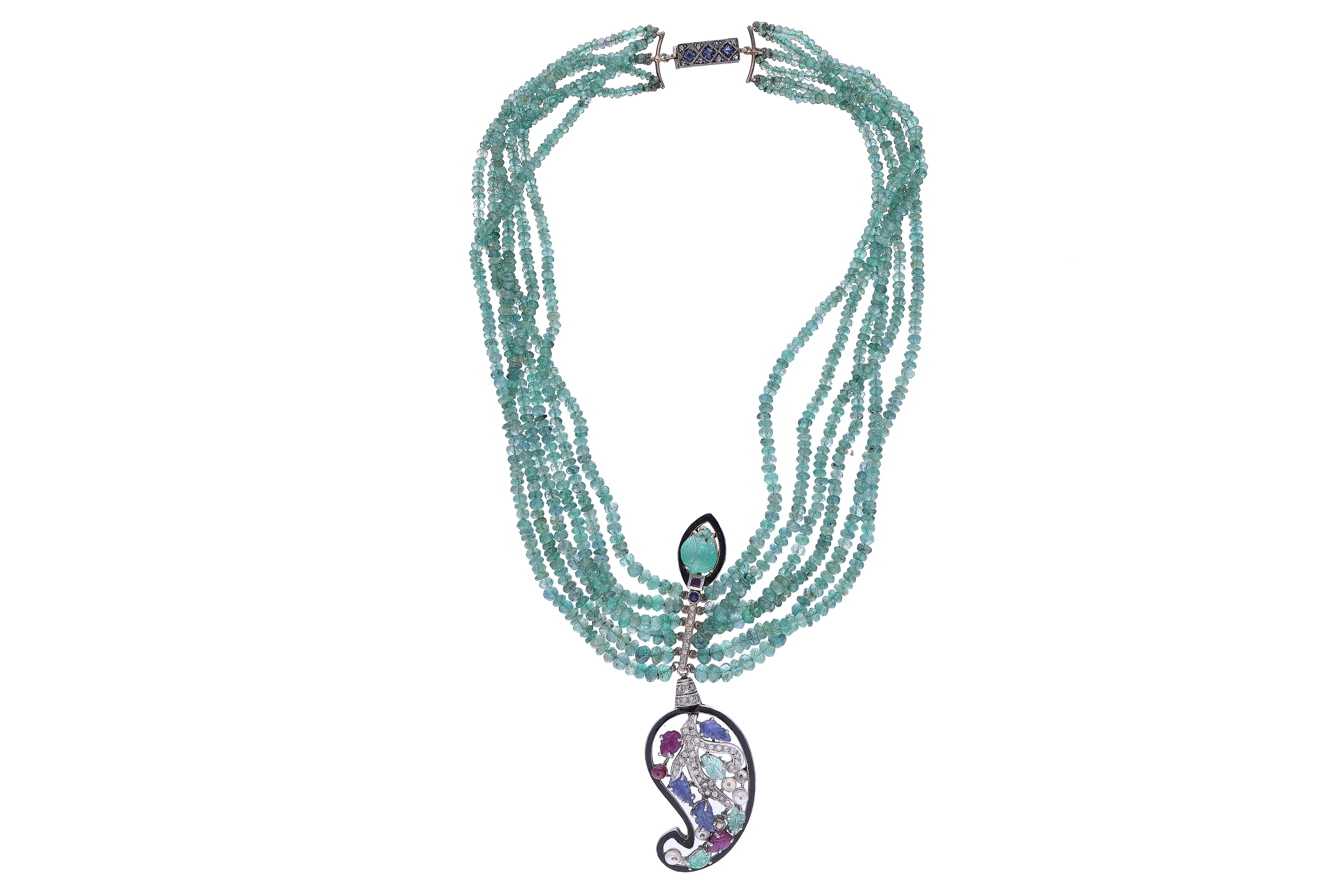 Collana con smeraldi, rubini, zaffiri, diamanti, pietre, perle coltivate e smalto - Asta Preziosi
