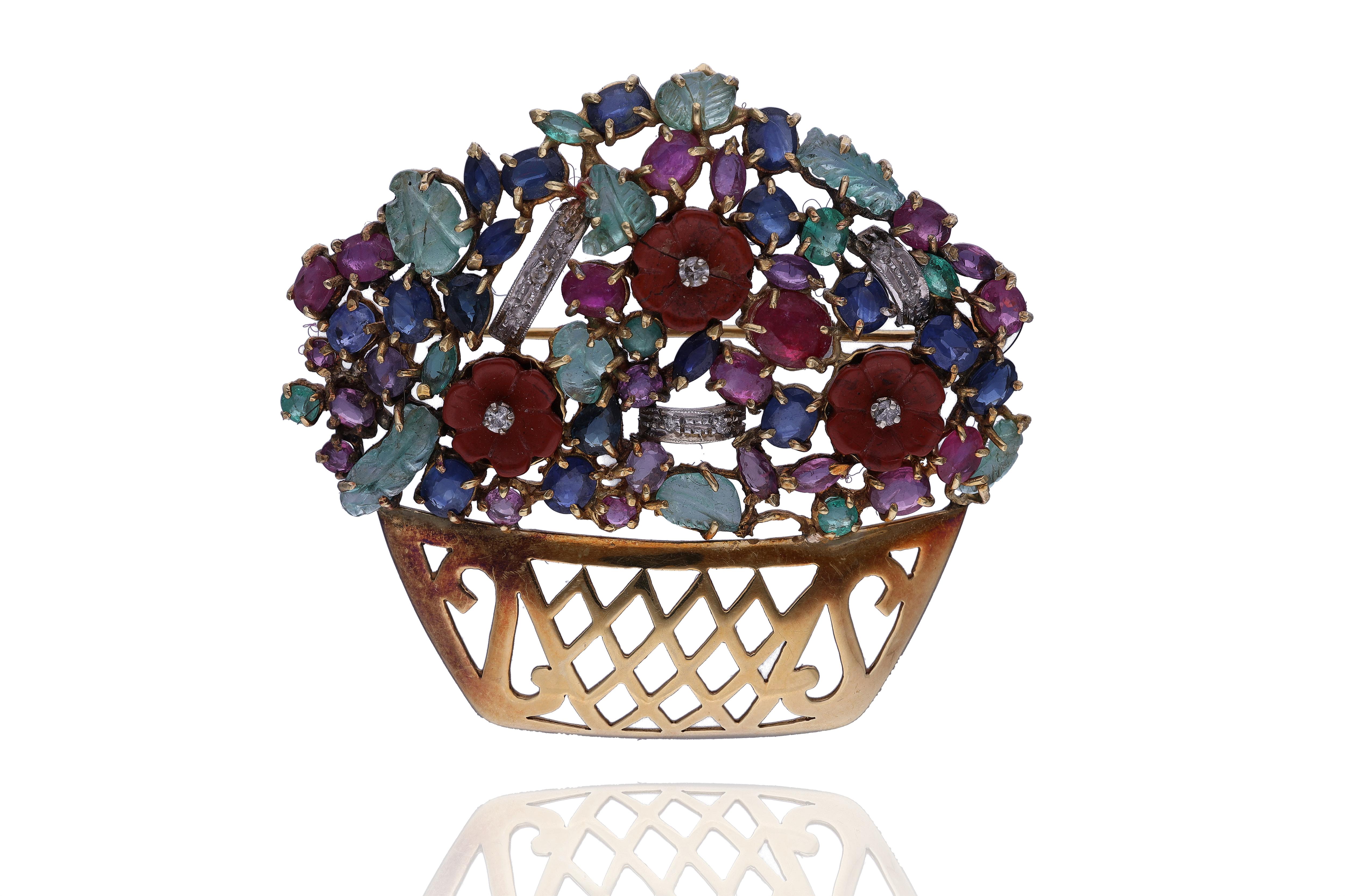 Spilla con rubini, zaffiri, smeraldi, diamanti e pietre - Asta Preziosi