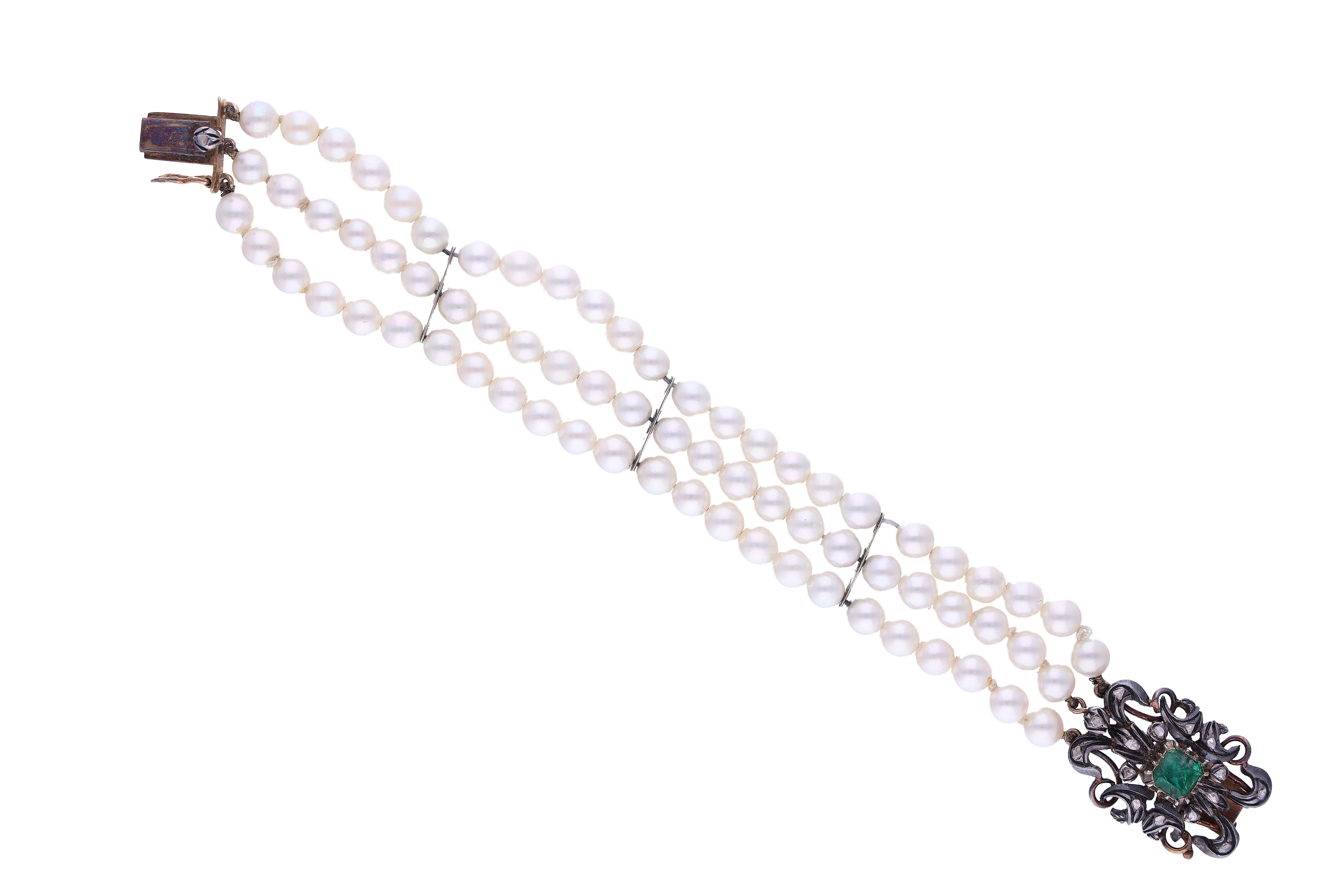 Bracciale di perle coltivate con diamanti e smeraldo - Asta Preziosi Bracciale di perle coltivate con diamanti e smeraldo - Asta Preziosi