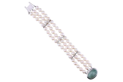 Bracciale di perle coltivate con smeraldo e diamanti - Asta Preziosi