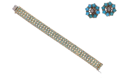 Bracciale e paio di orecchini con turchesi trattate e diamanti - Asta Preziosi Bracciale e paio di orecchini con turchesi trattate e diamanti - Asta Preziosi