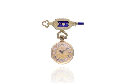 Spilla con orologio a ciondolo con smalti e diamante - Asta Preziosi
