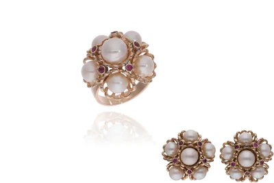 Parure anello e orecchini con perle e pietre - Asta Preziosi