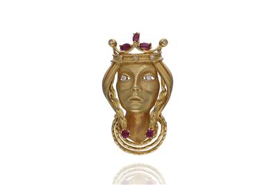 Spilla con diamanti e rubini, raffigurante volto di donna, in oro giallo 750 - Asta Preziosi Spilla con diamanti e rubini, raffigurante volto di donna, in oro giallo 750 - Asta Preziosi